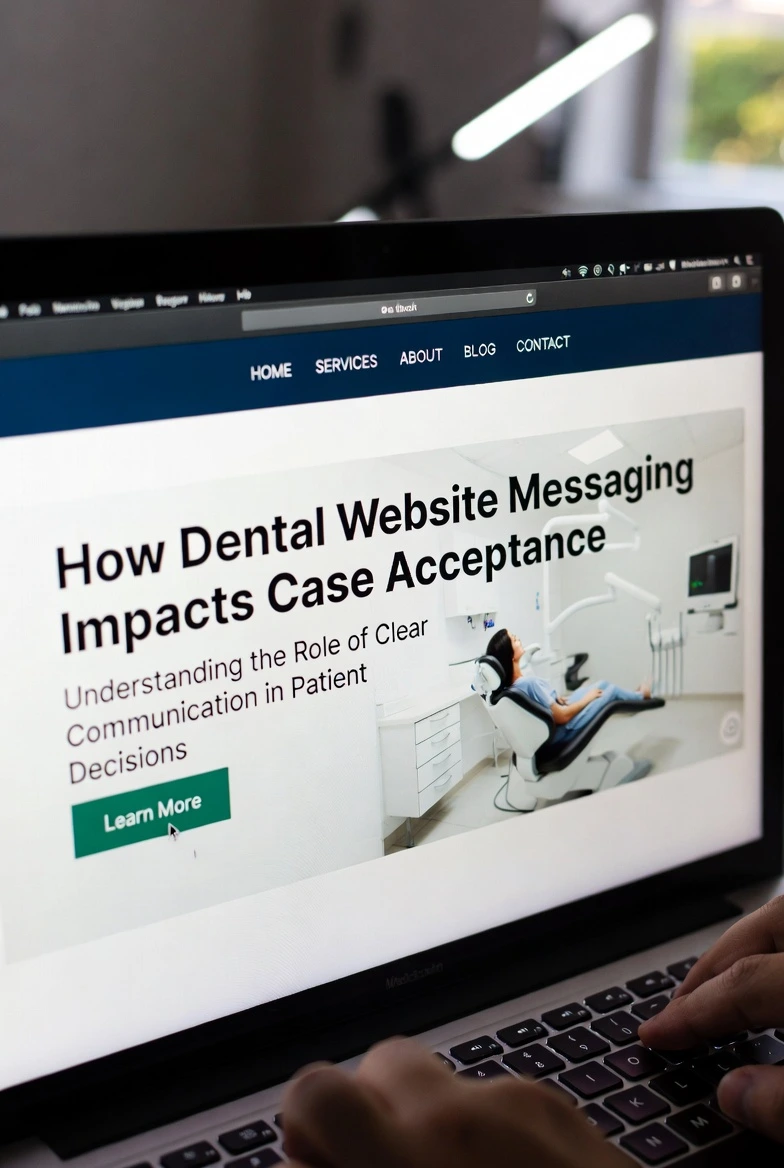 Close-up of a laptop showing a dental website page titled “How Dental Website Messaging Impacts Case Acceptance,” with a “Learn More” button and a photo of a patient in a dental chair.